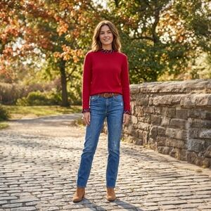 Crown & Ivy Zip back Red Sweater Crew Neck w/Plaid Ruffle Collar & Cuffs Size PS